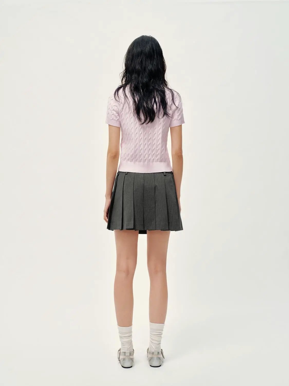 Polo Collar Cable Knit Button Front Cropped Cotton Top