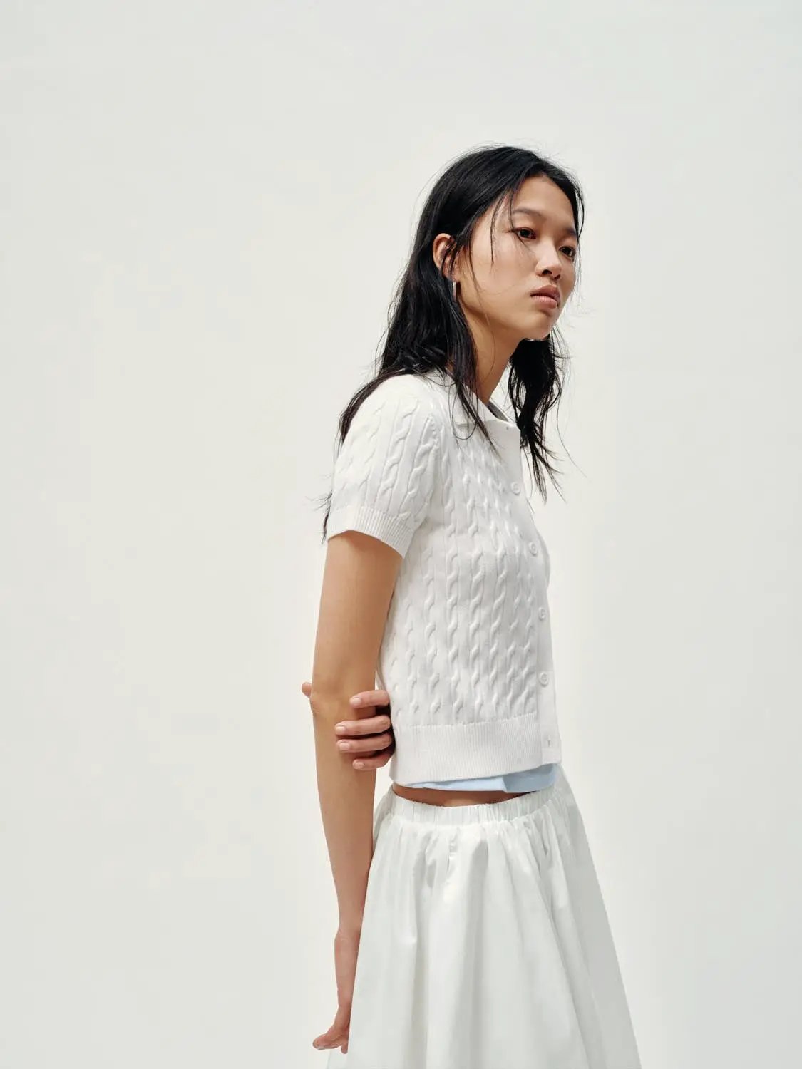 Polo Collar Cable Knit Button Front Cropped Cotton Top