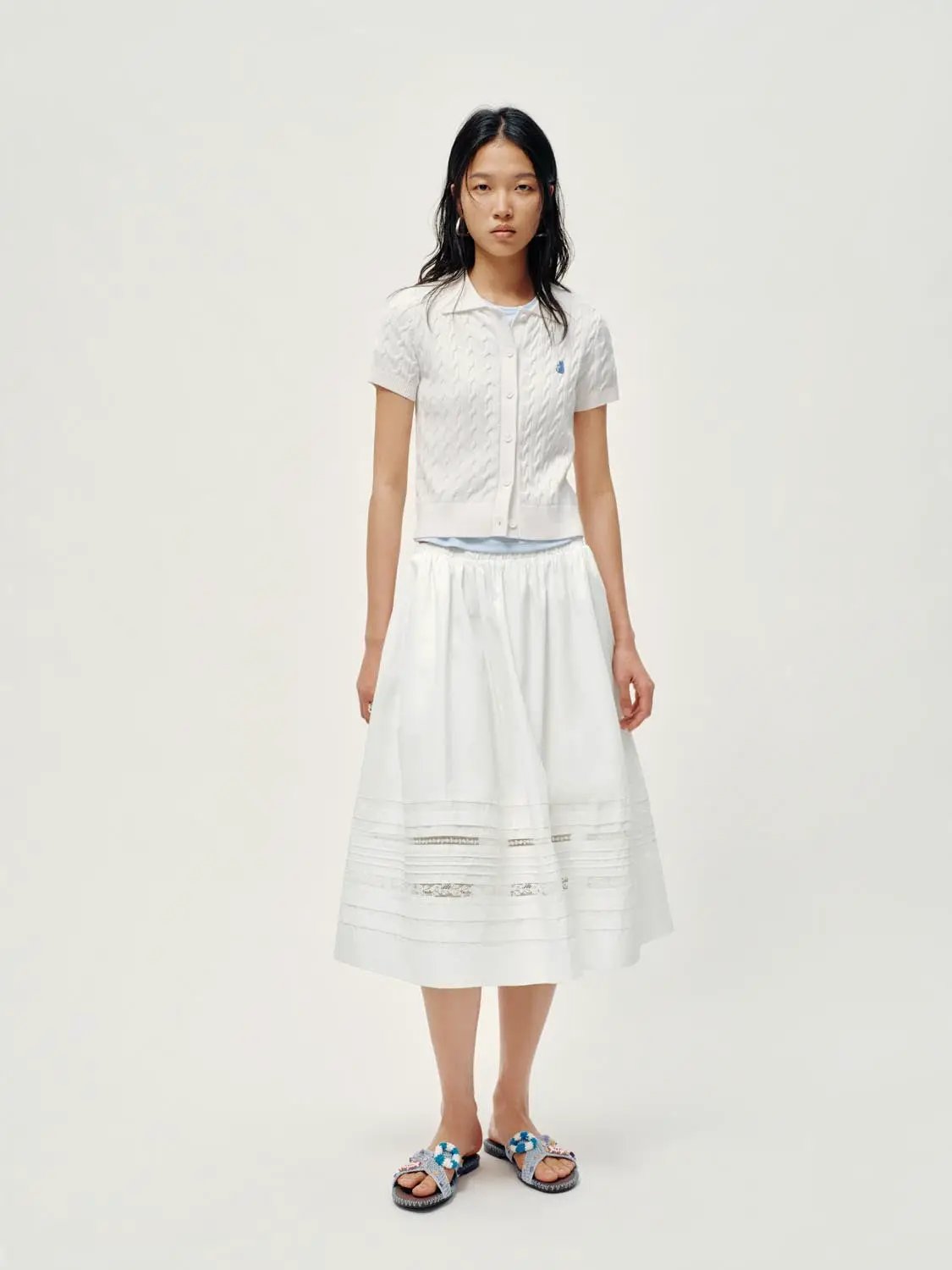 Polo Collar Cable Knit Button Front Cropped Cotton Top