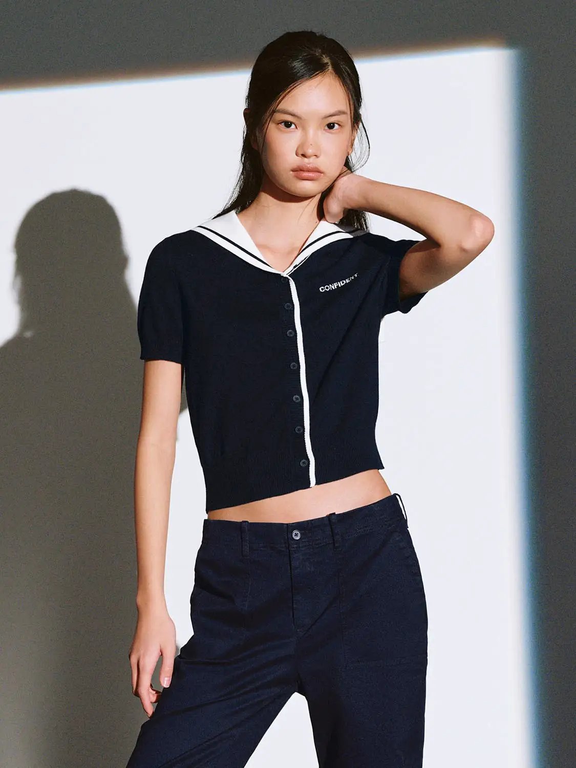Short Sleeve Sailor Collar Cotton Knit Cardigan