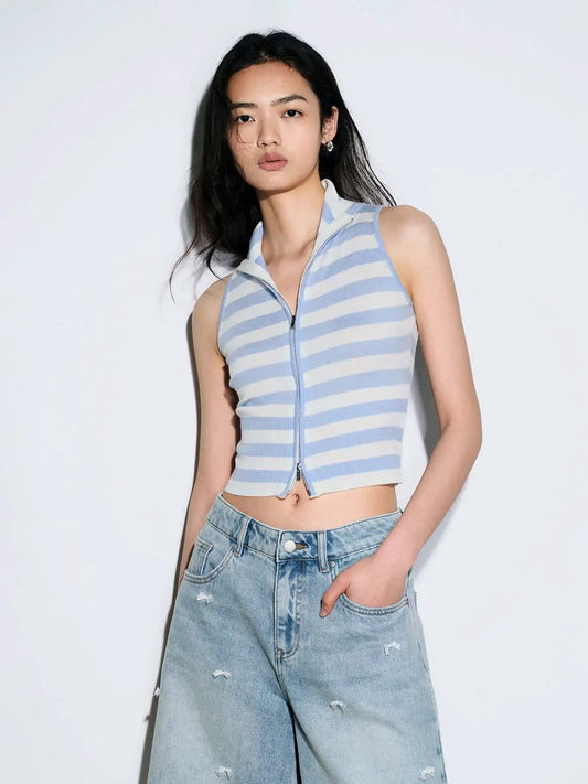 Striped Knit Sleeveless Zip Up Lightweight T-Shirt