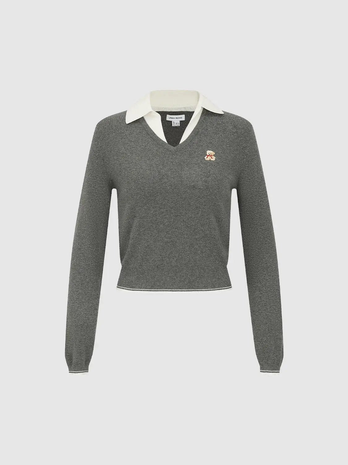 Collar Embroidered Cotton V-neck Long Sleeve Pullover
