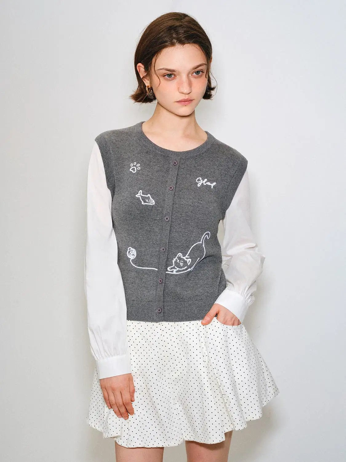 Embroidered Cat Pattern Crew Neck Cotton Knitted T-shirt