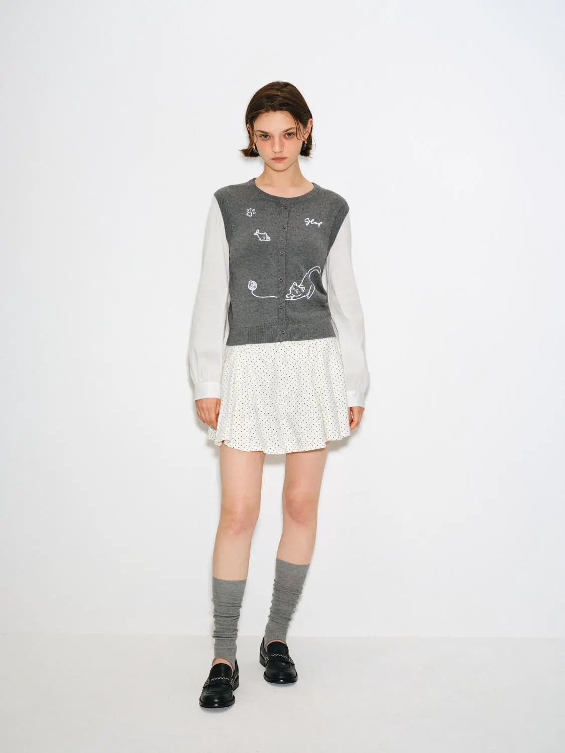 Embroidered Cat Pattern Crew Neck Cotton Knitted T-shirt
