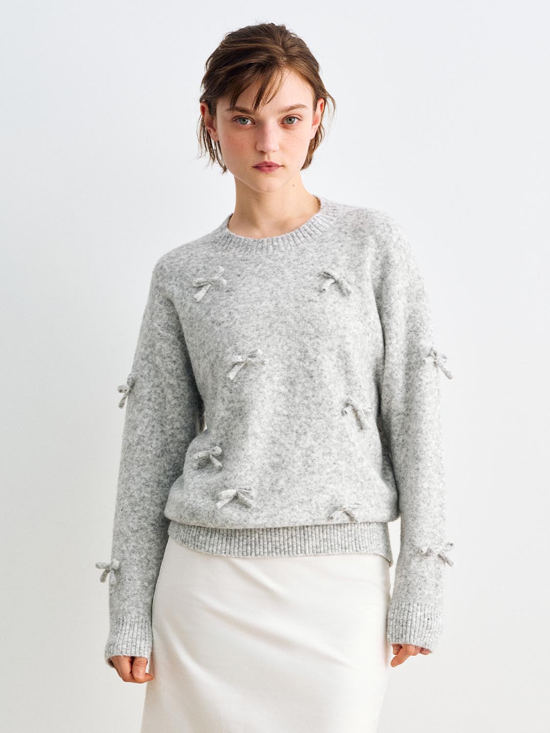Bow Ribbed Hem Shirt Collar Long Sleeve Sweater
