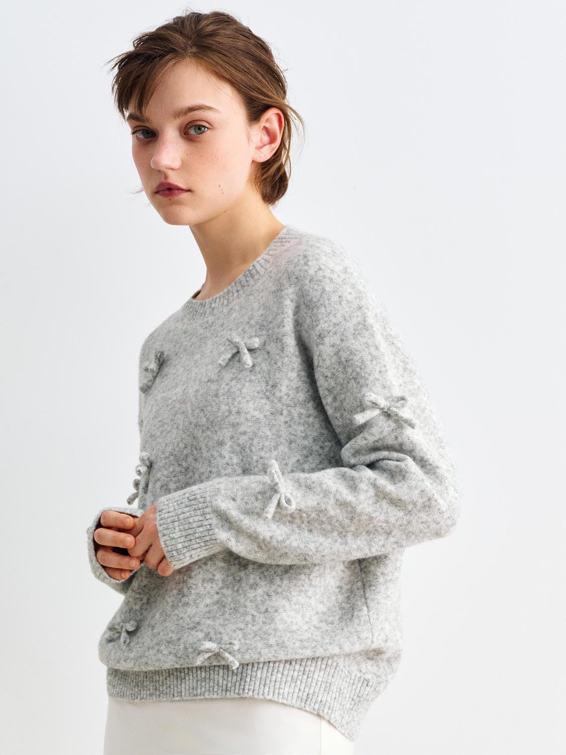 Bow Ribbed Hem Shirt Collar Long Sleeve Sweater