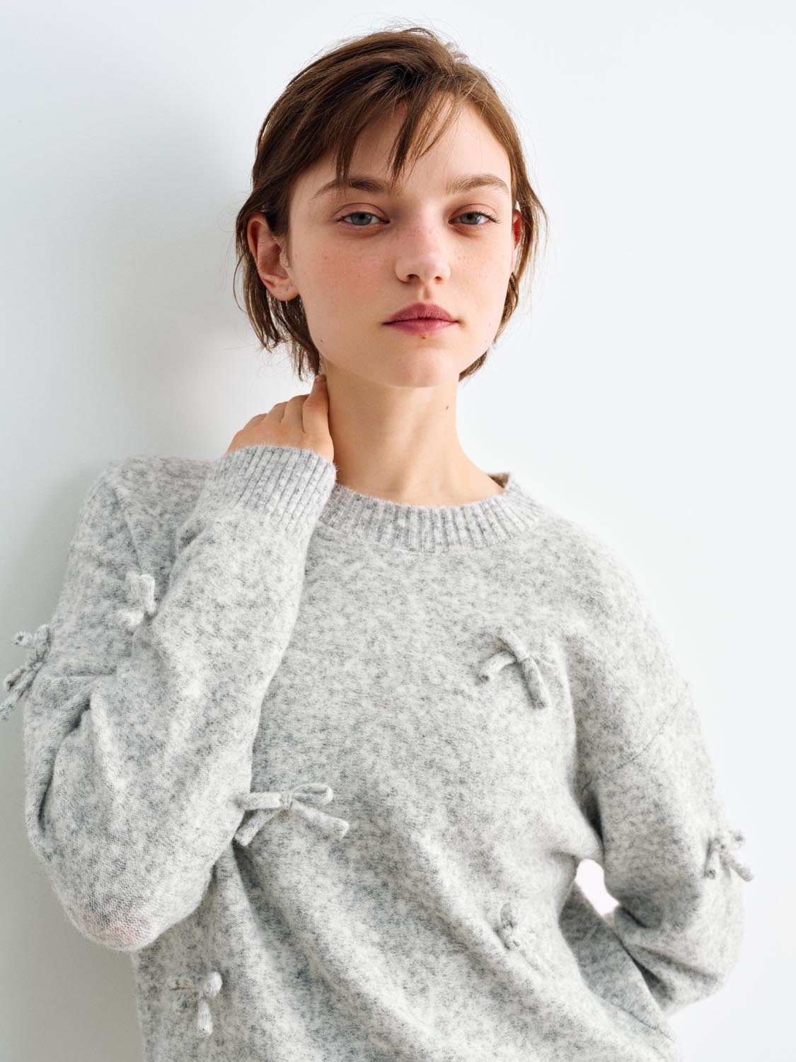 Bow Ribbed Hem Shirt Collar Long Sleeve Sweater
