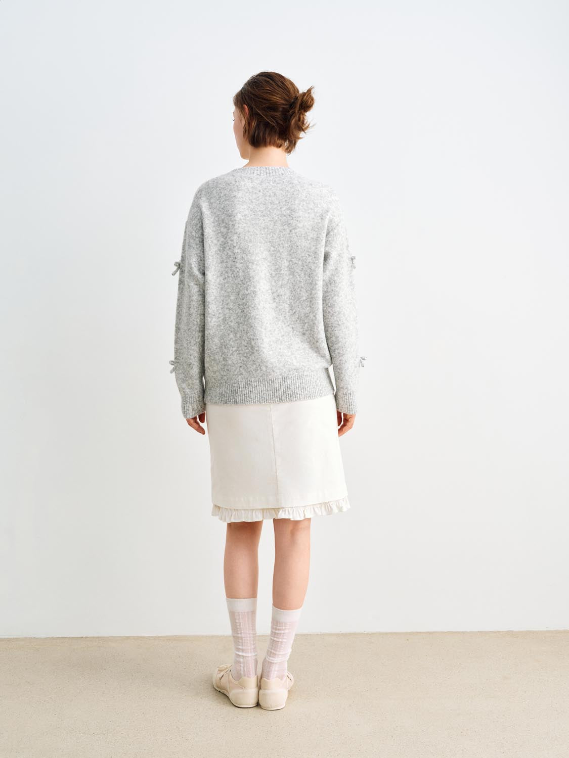 Bow Ribbed Hem Shirt Collar Long Sleeve Sweater