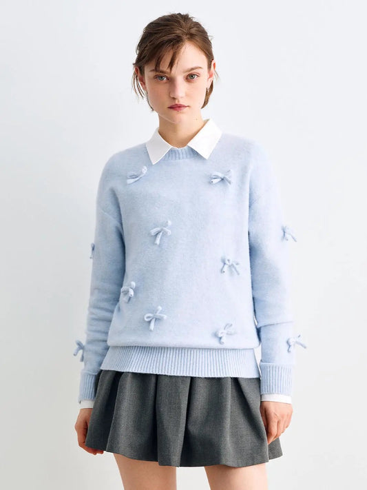 Bow Ribbed Hem Shirt Collar Long Sleeve Sweater