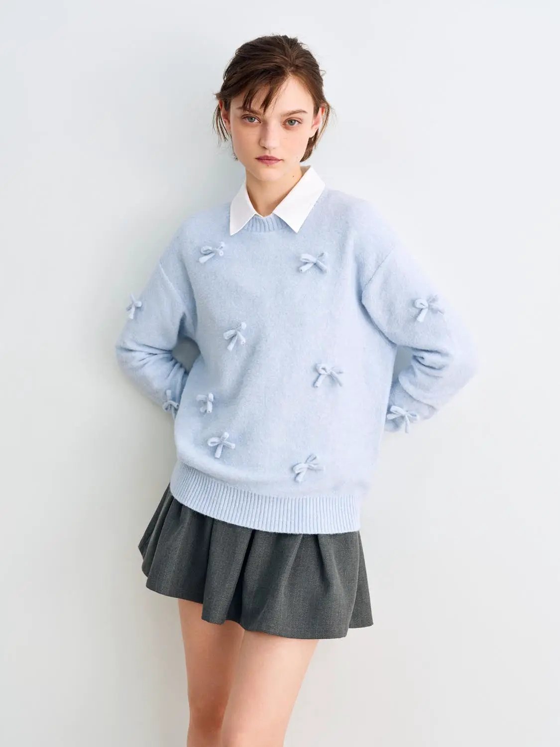 Bow Ribbed Hem Shirt Collar Long Sleeve Sweater