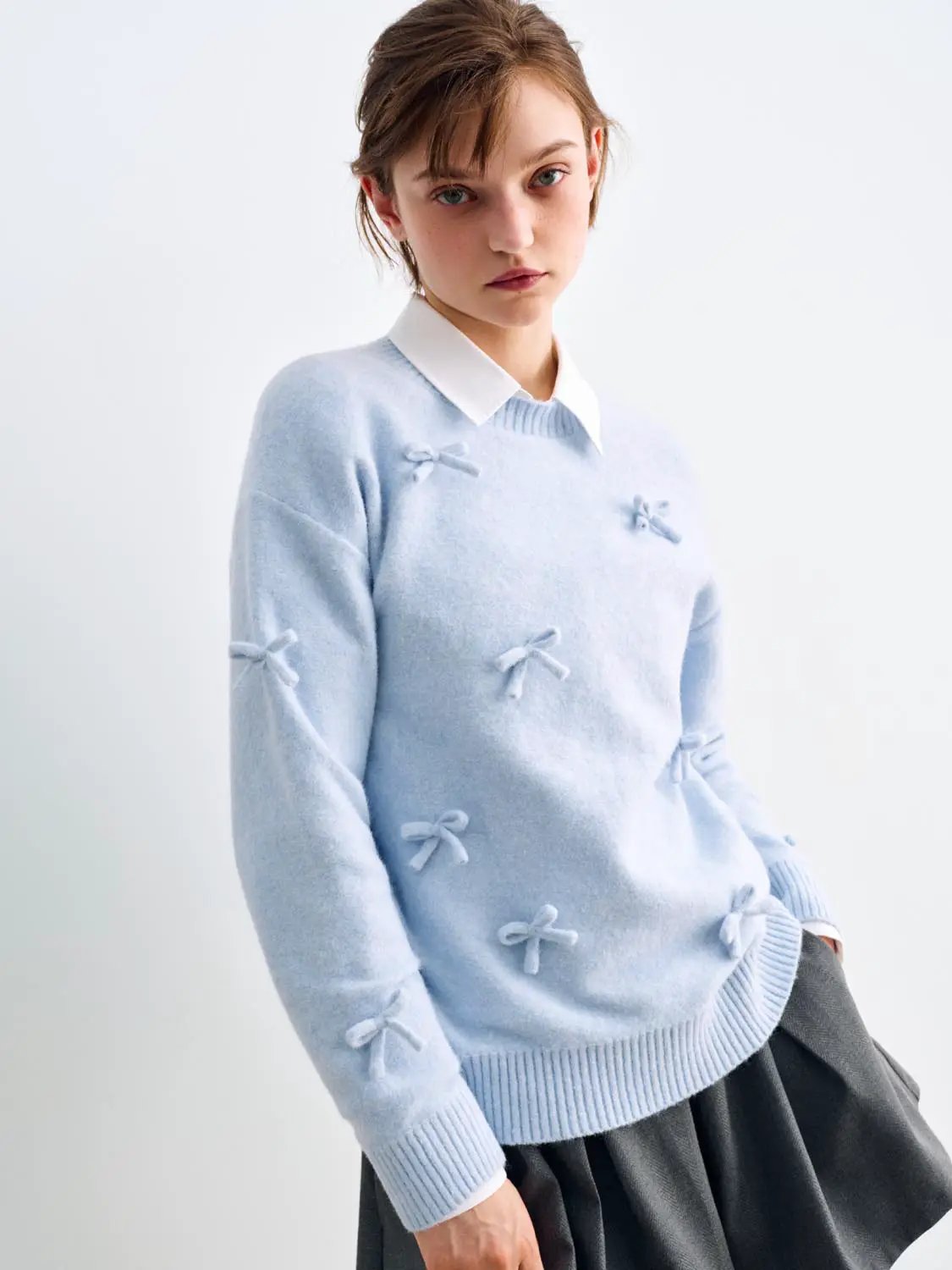 Bow Ribbed Hem Shirt Collar Long Sleeve Sweater