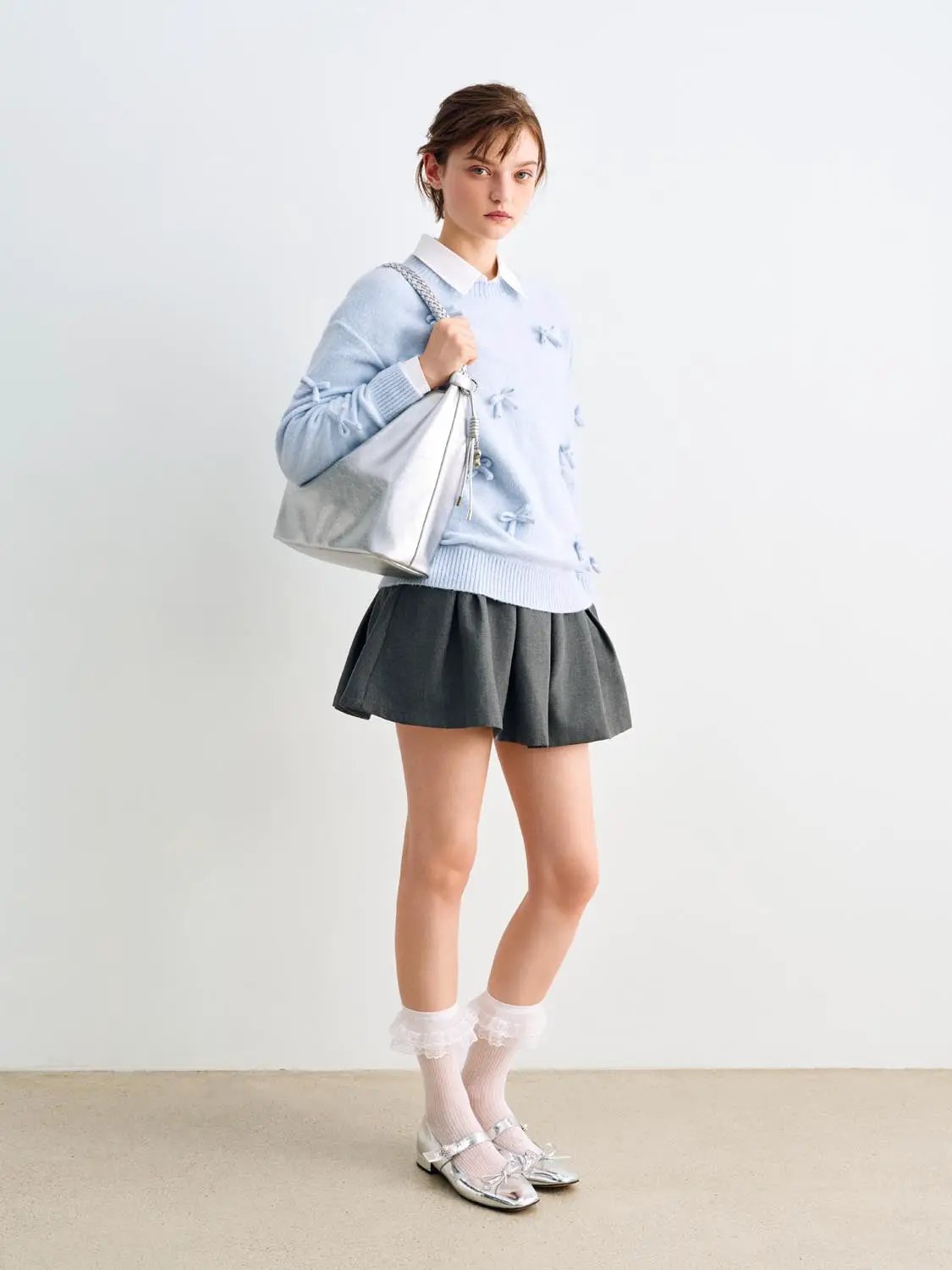 Bow Ribbed Hem Shirt Collar Long Sleeve Sweater