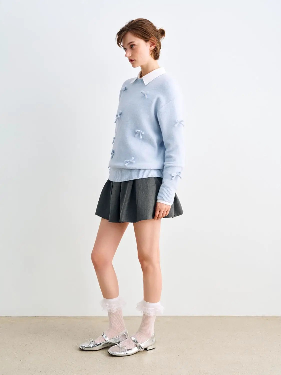 Bow Ribbed Hem Shirt Collar Long Sleeve Sweater