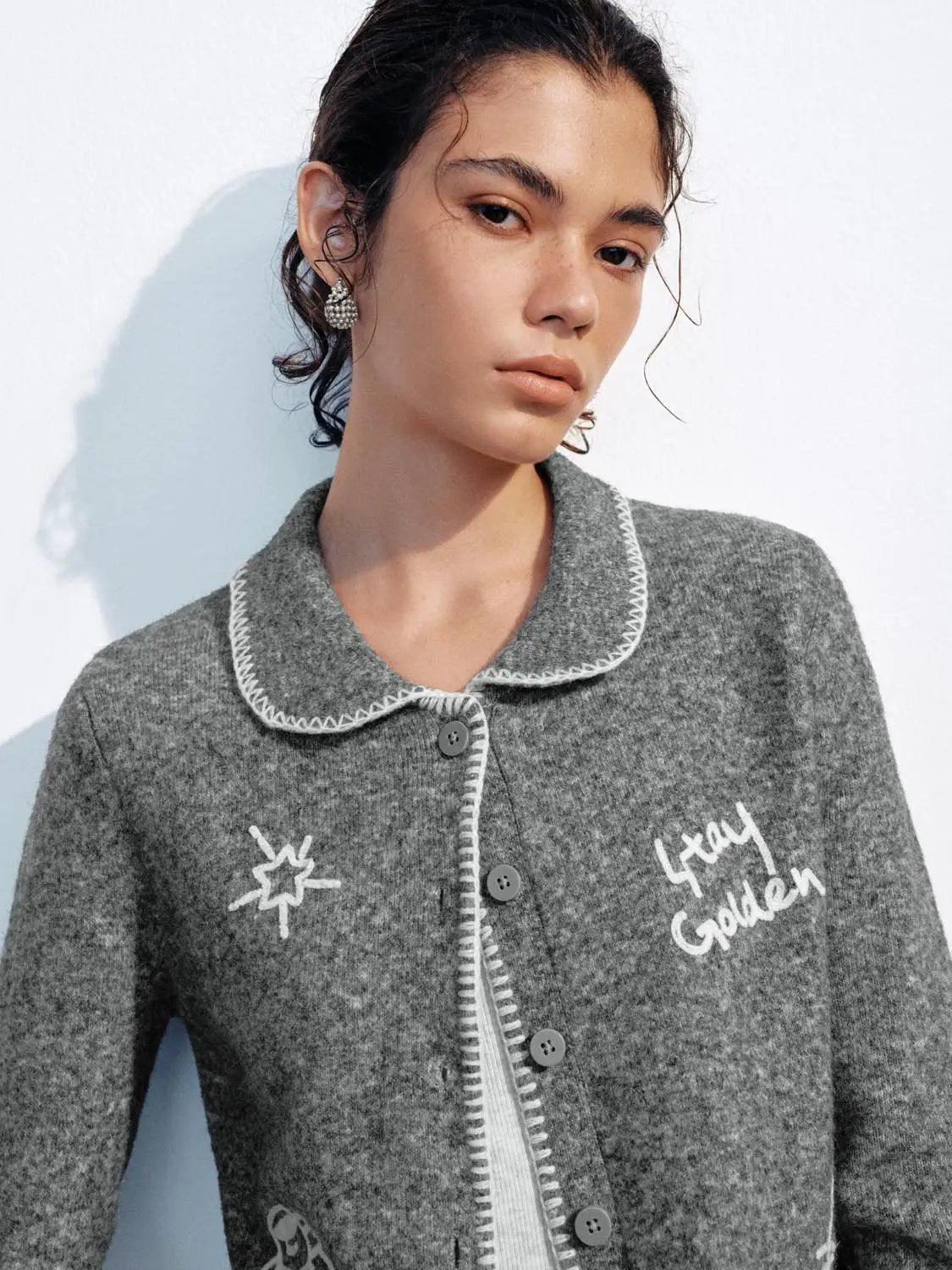 Embroidered Long Sleeve Button Front Cardigan