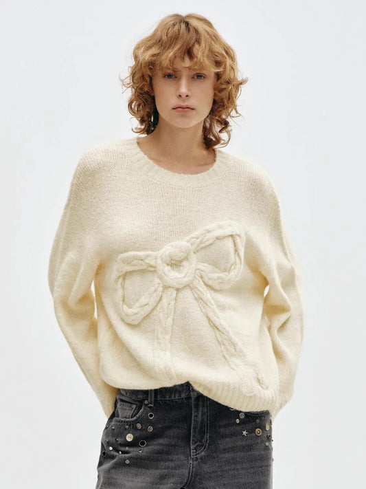 Cable Knit Bow Ribbed Hem Crew Neck Long Sleeve Sweater