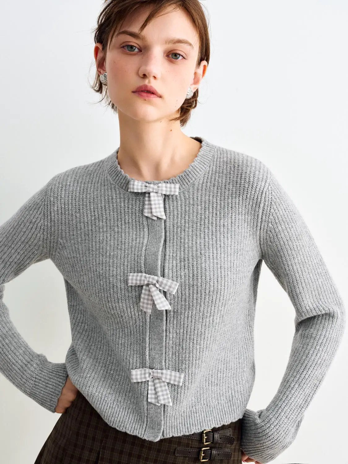 Bow Front Ribbed Crew Neck Long Sleeve Cardigan