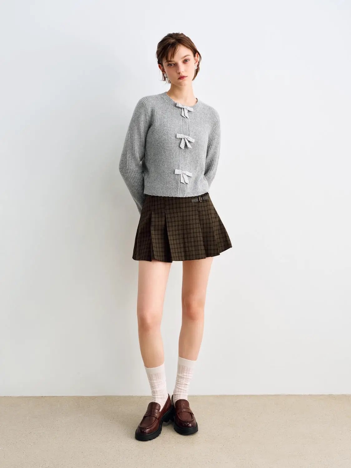 Bow Front Ribbed Crew Neck Long Sleeve Cardigan