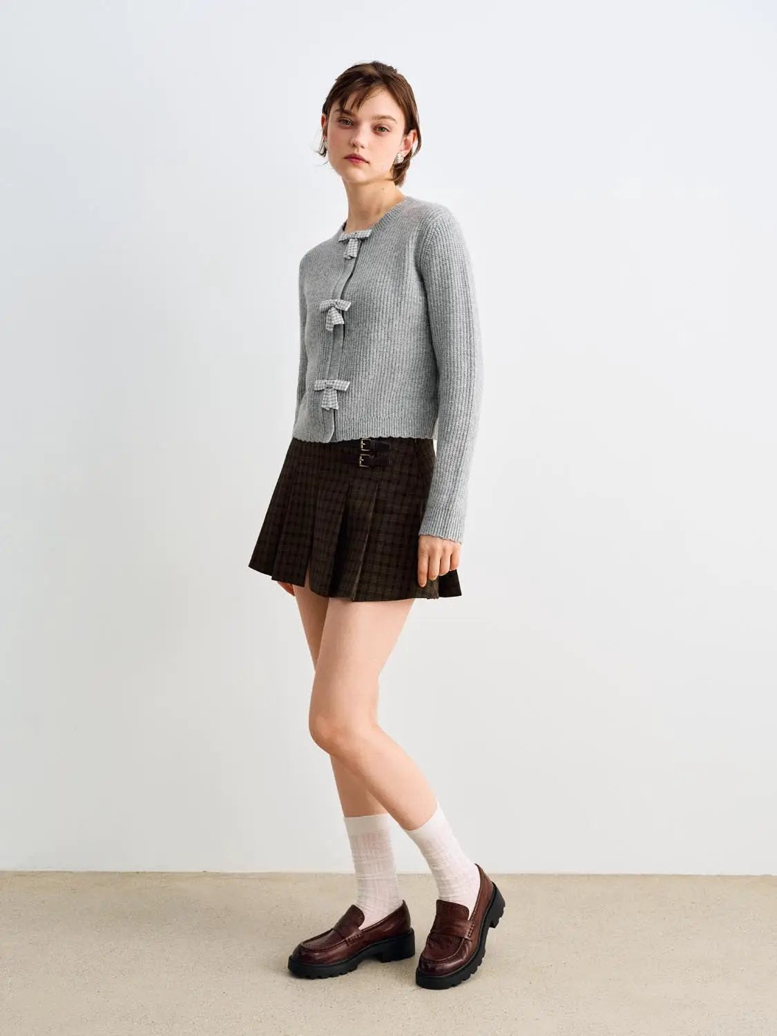 Bow Front Ribbed Crew Neck Long Sleeve Cardigan