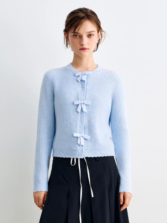 Bow Front Ribbed Crew Neck Long Sleeve Cardigan