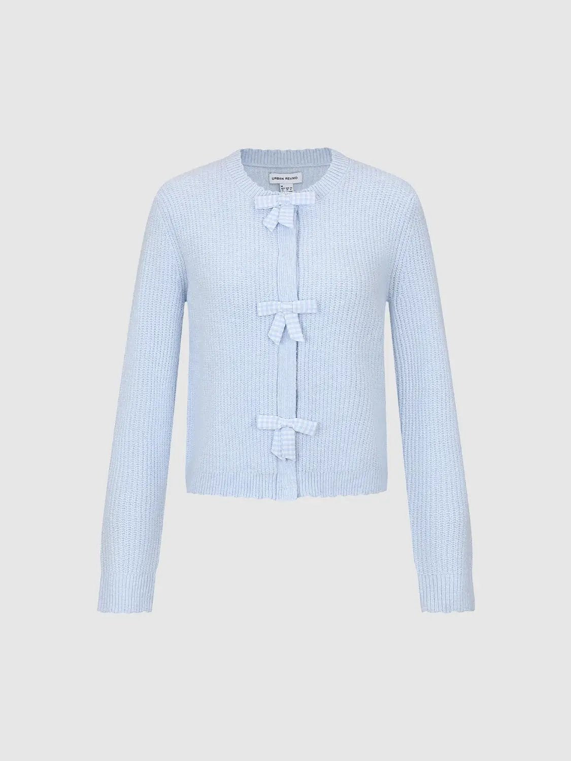 Bow Front Ribbed Crew Neck Long Sleeve Cardigan
