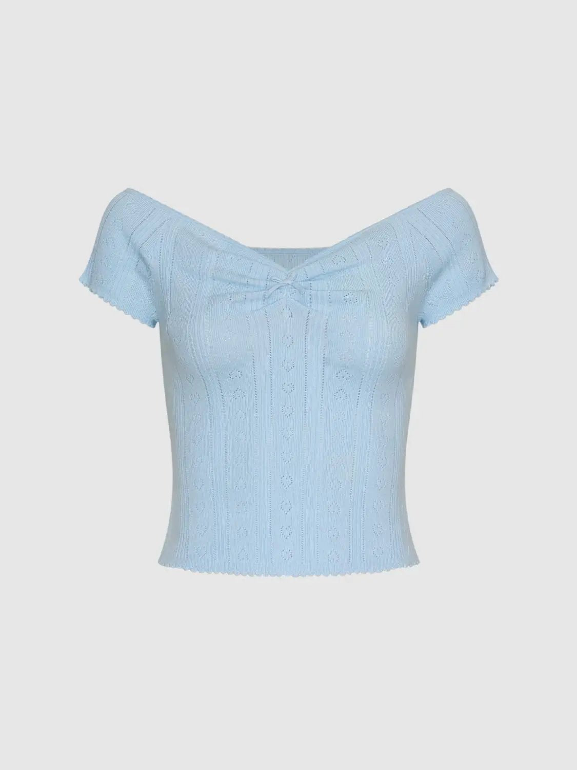 Textured Bow Front Short Sleeve Cotton Blend T-Shirt