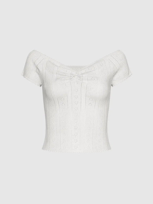 Textured Bow Front Short Sleeve Cotton Blend T-Shirt