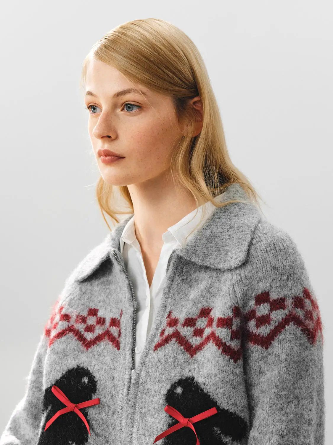 Collared Geometric Bunny Pattern Long Sleeve Knit Jacket