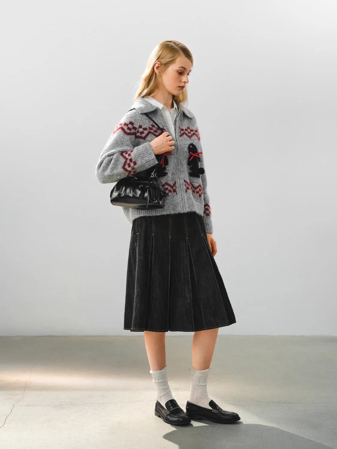 Collared Geometric Bunny Pattern Long Sleeve Knit Jacket