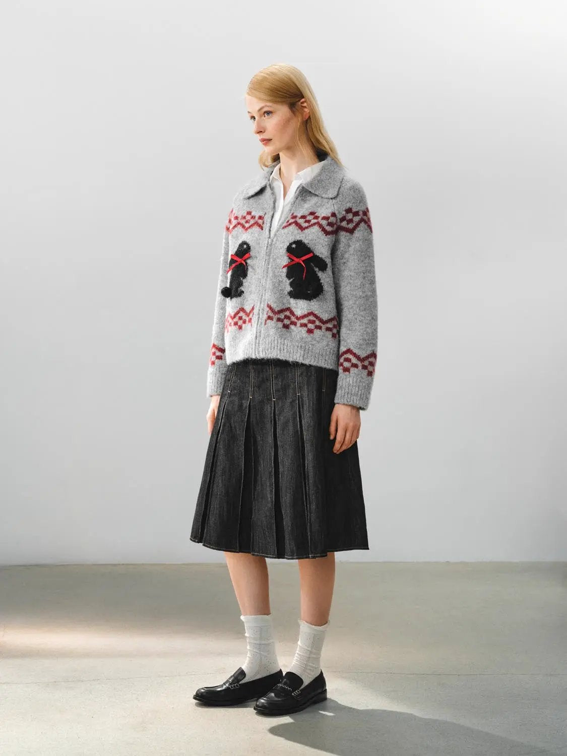 Collared Geometric Bunny Pattern Long Sleeve Knit Jacket