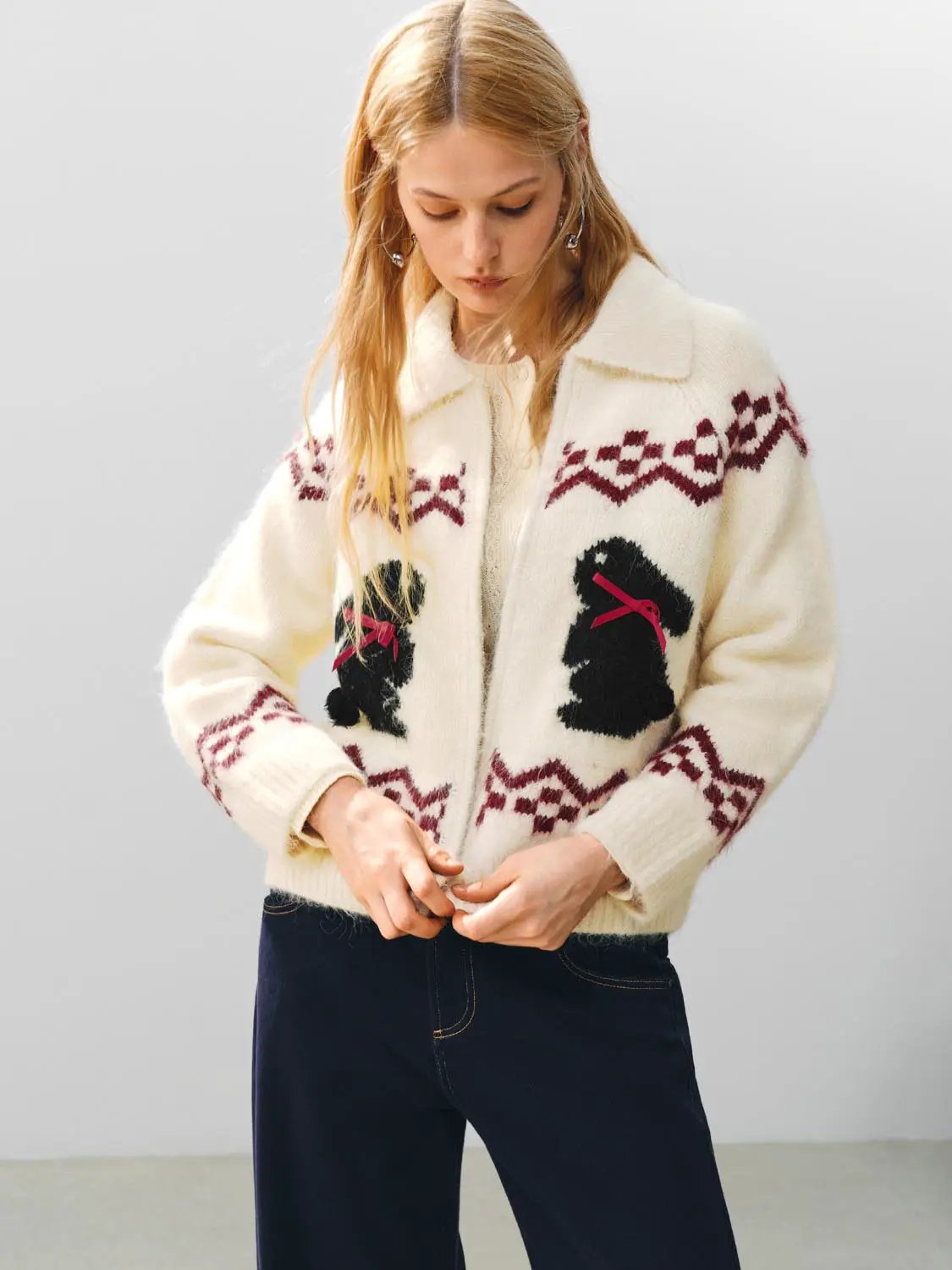 Collared Geometric Bunny Pattern Long Sleeve Knit Jacket