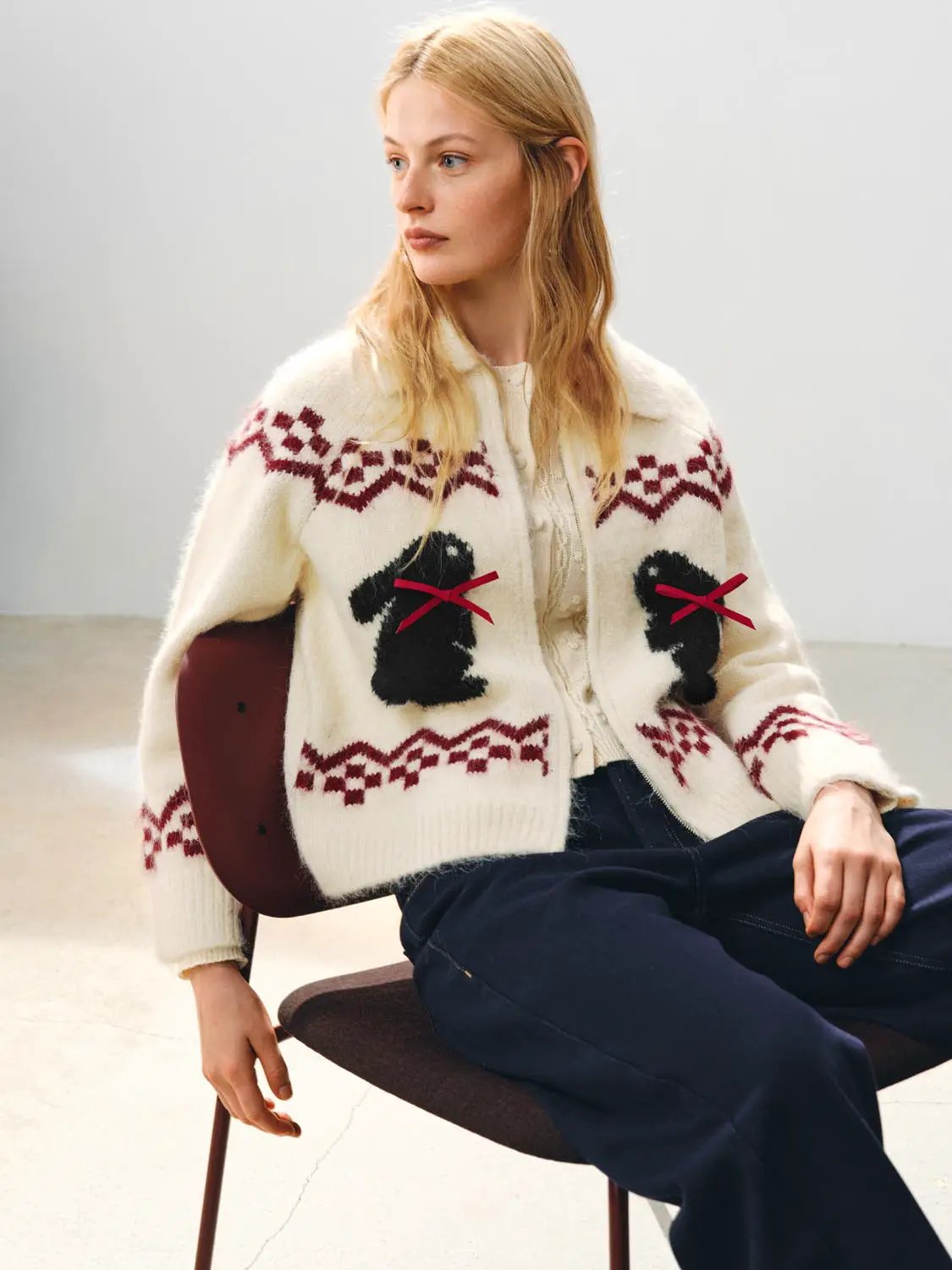 Collared Geometric Bunny Pattern Long Sleeve Knit Jacket