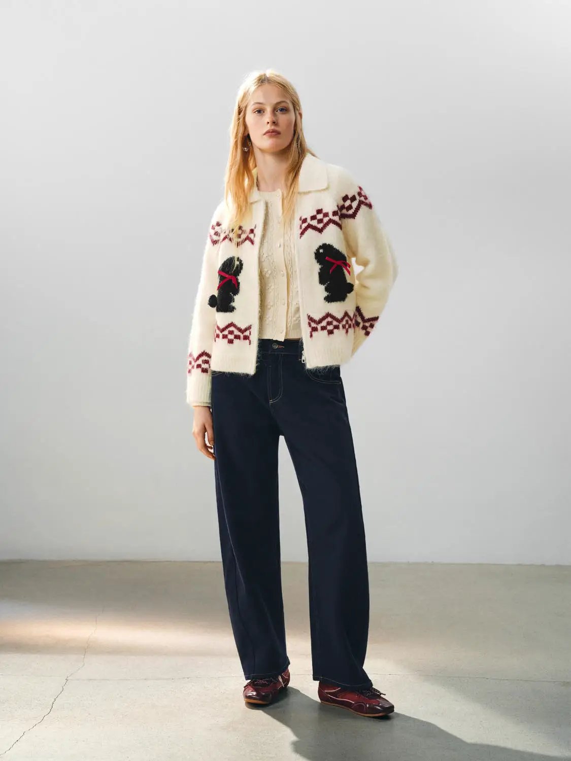 Collared Geometric Bunny Pattern Long Sleeve Knit Jacket