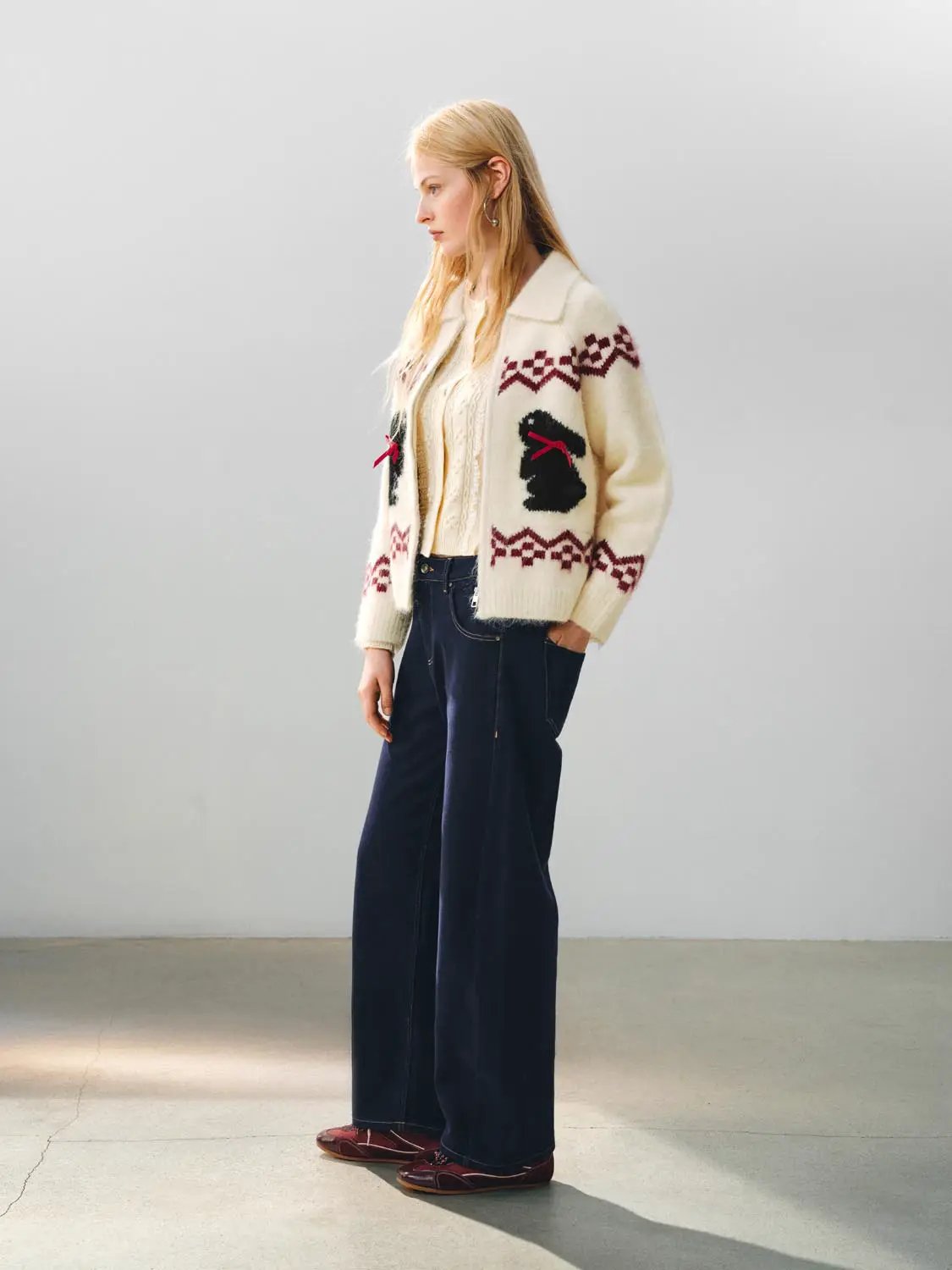 Collared Geometric Bunny Pattern Long Sleeve Knit Jacket