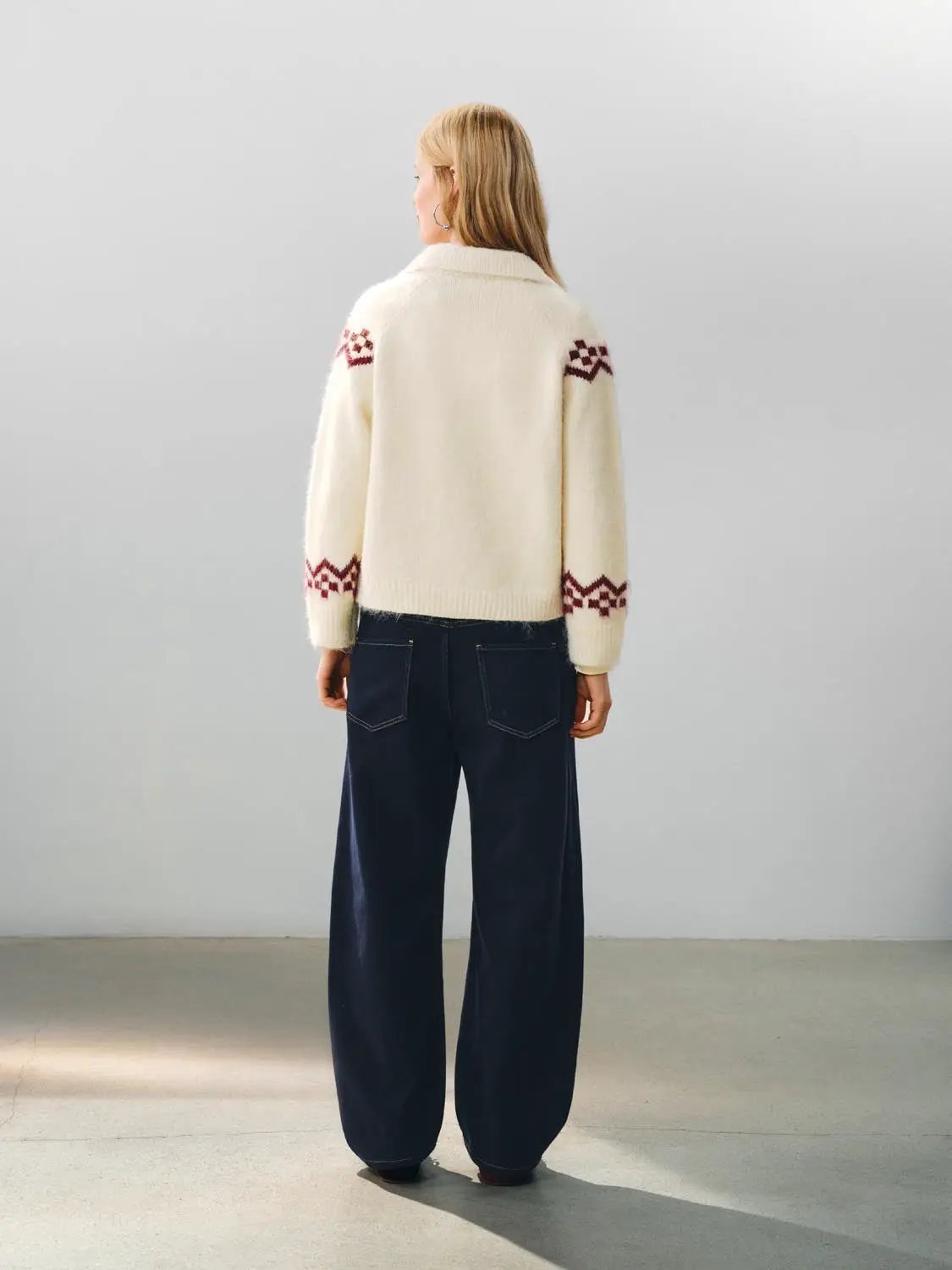 Collared Geometric Bunny Pattern Long Sleeve Knit Jacket