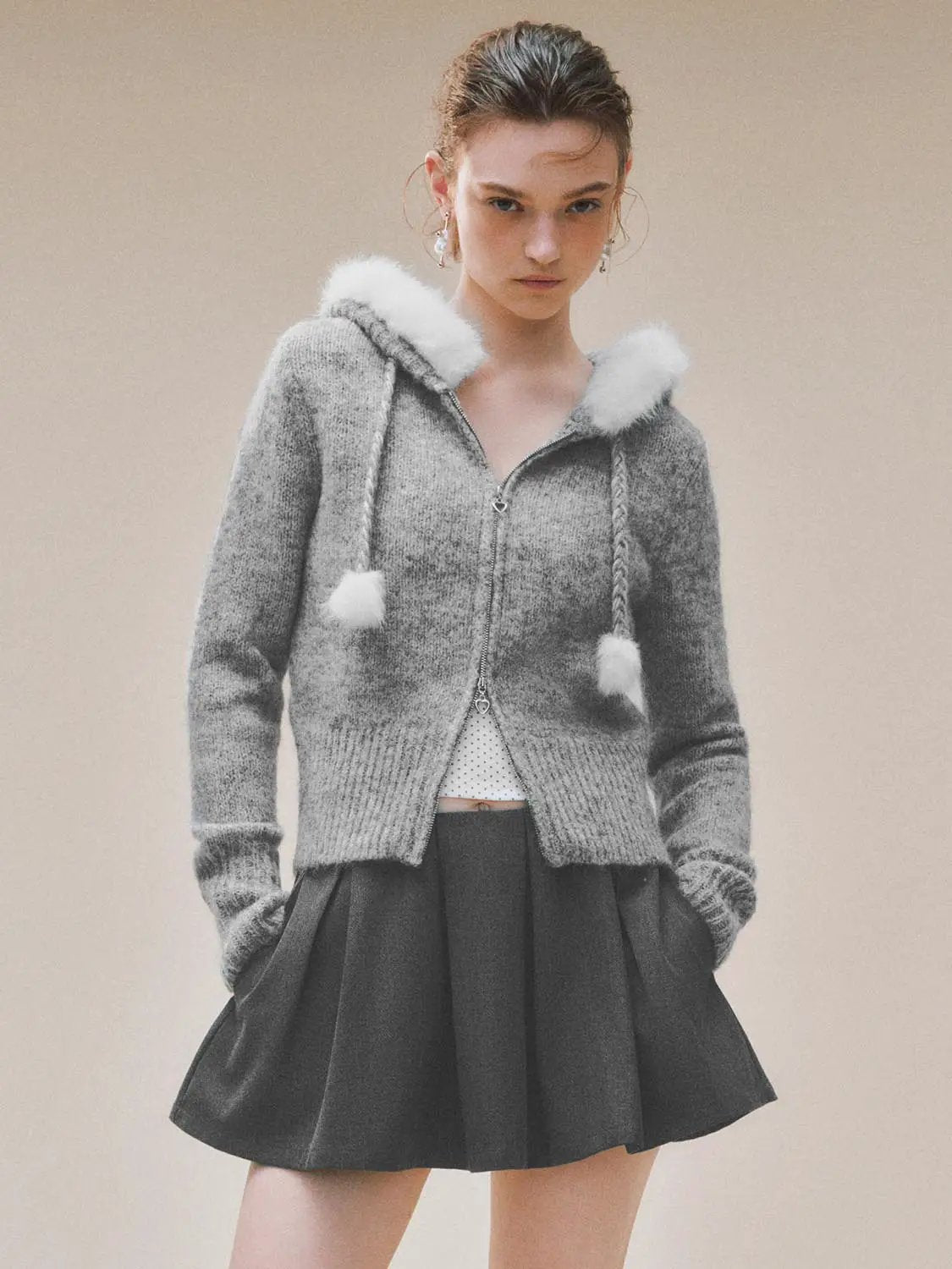 Textured Zip Front Long Sleeve Knit Jacket With Pompom Drawstrings