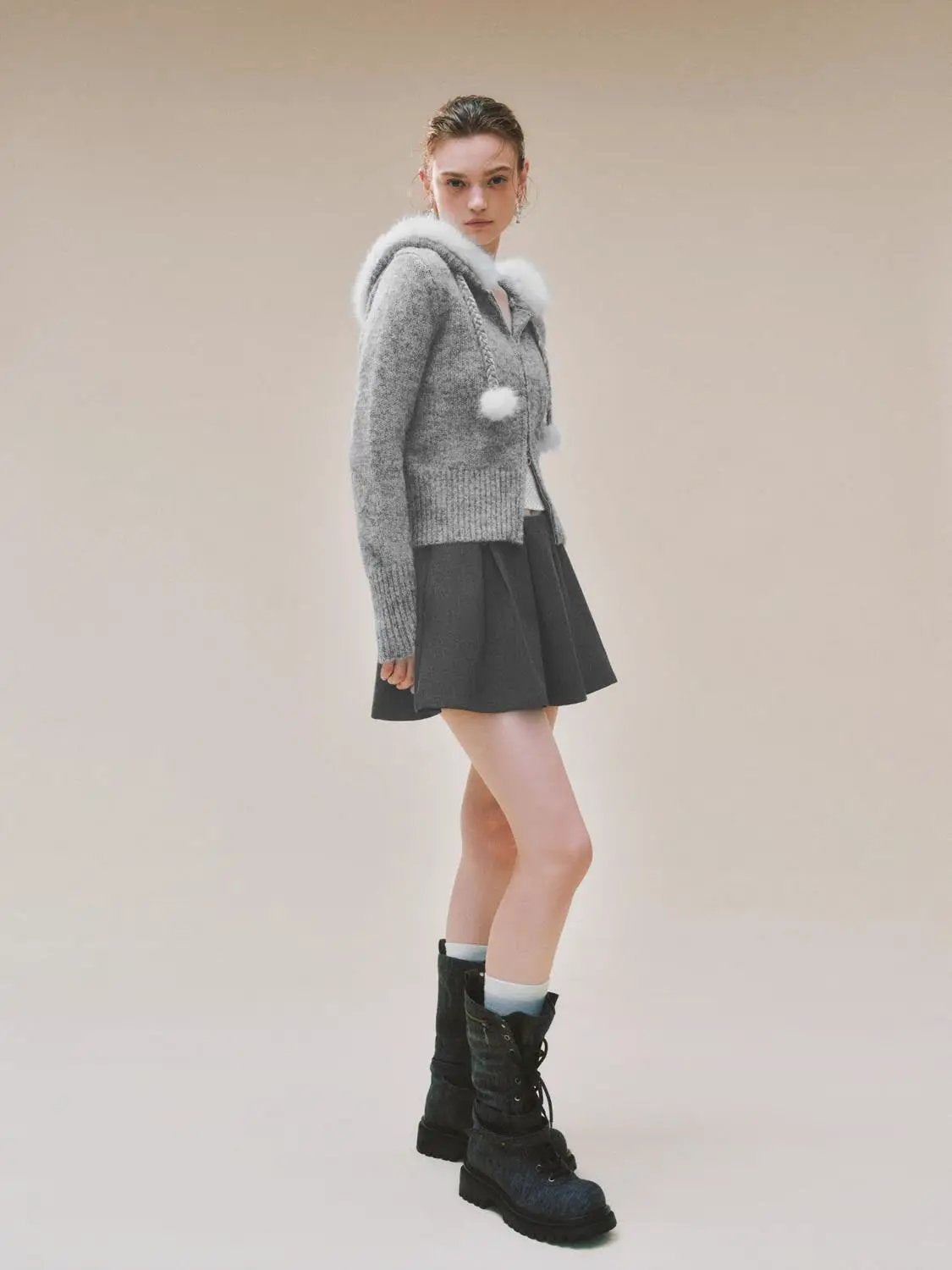 Textured Zip Front Long Sleeve Knit Jacket With Pompom Drawstrings