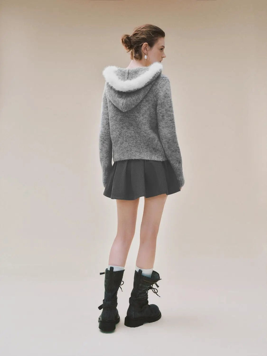 Textured Zip Front Long Sleeve Knit Jacket With Pompom Drawstrings