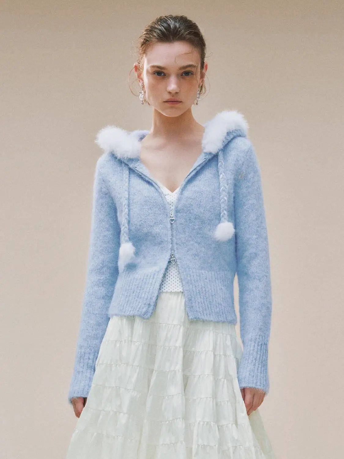 Textured Zip Front Long Sleeve Knit Jacket With Pompom Drawstrings