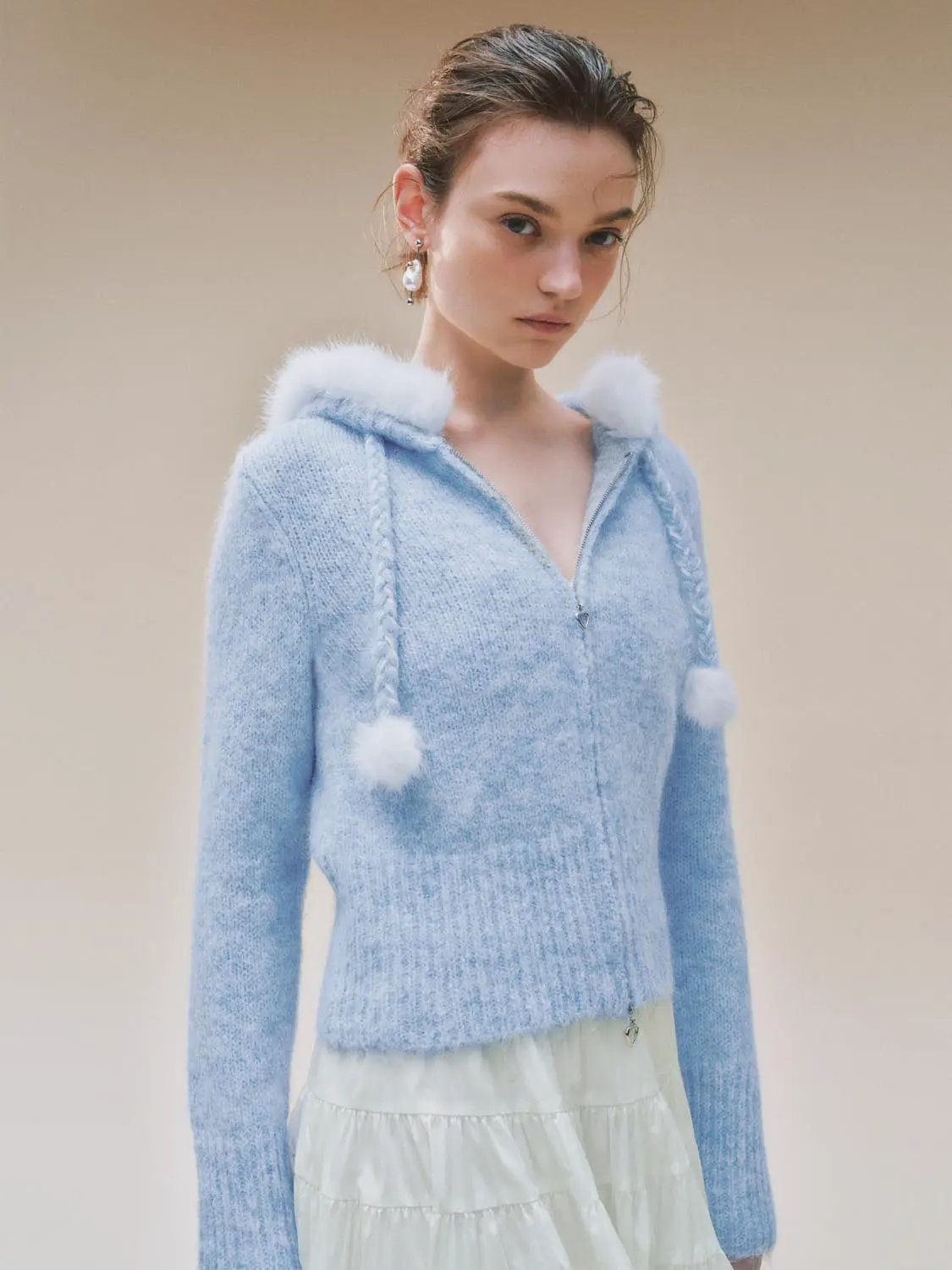 Textured Zip Front Long Sleeve Knit Jacket With Pompom Drawstrings