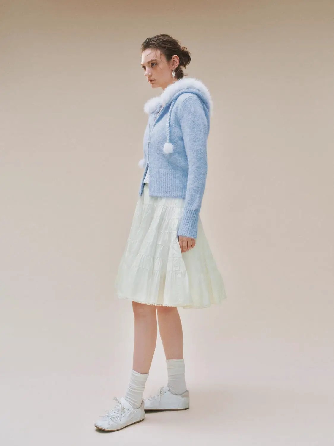 Textured Zip Front Long Sleeve Knit Jacket With Pompom Drawstrings