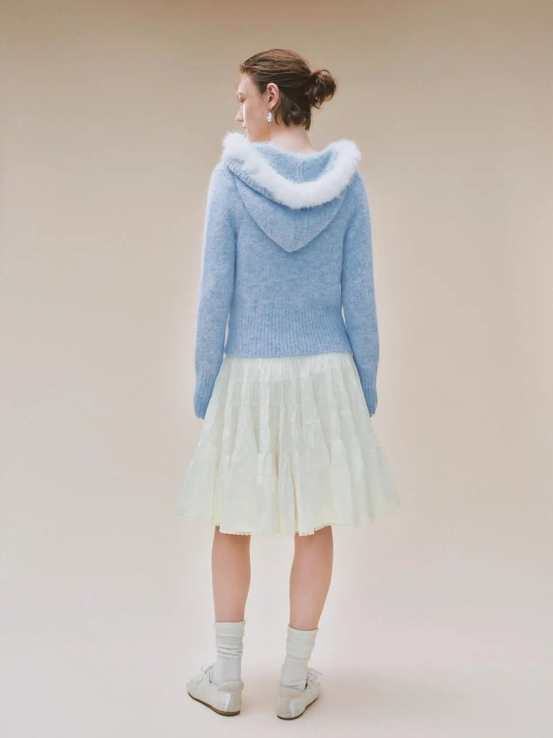 Textured Zip Front Long Sleeve Knit Jacket With Pompom Drawstrings