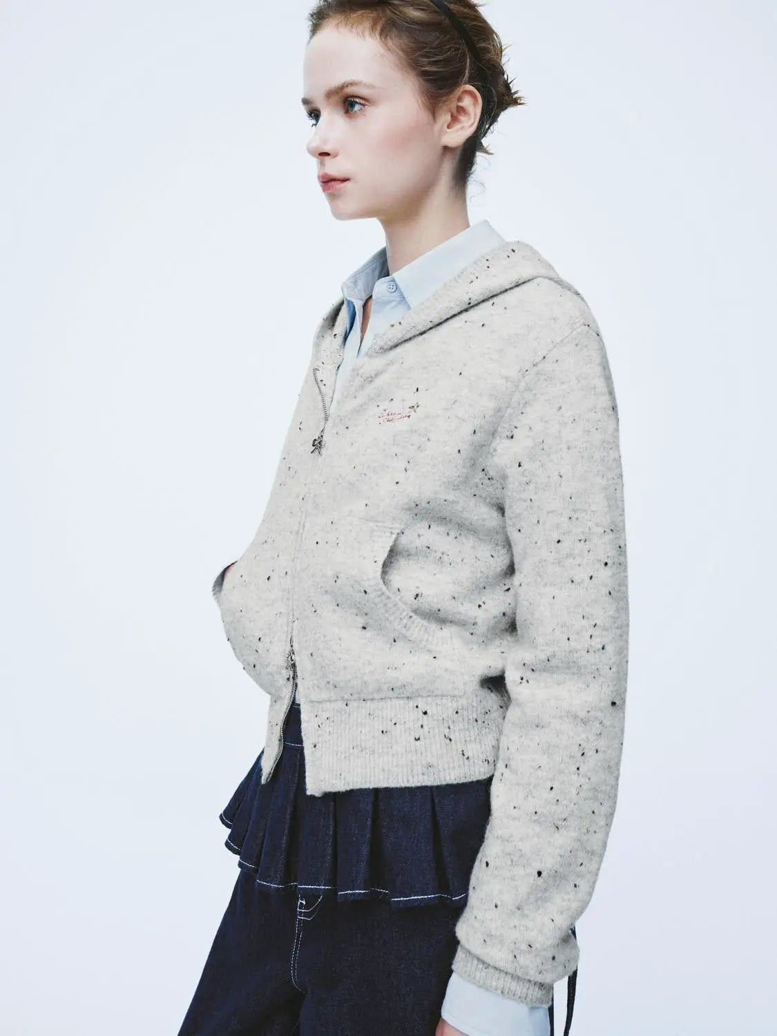 Speckled Long Sleeve Hooded Cropped Embroidered Knit Jacket