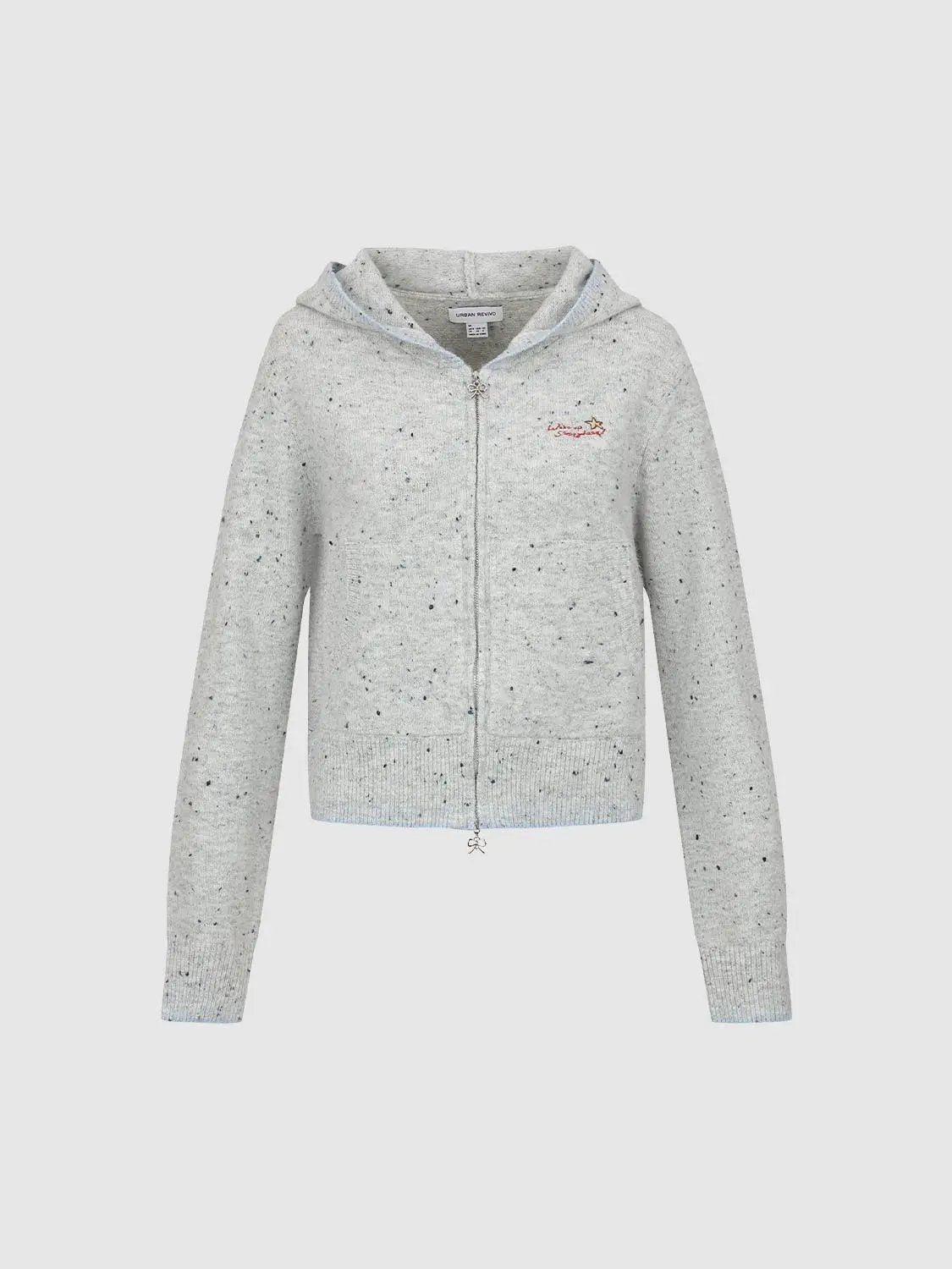 Speckled Long Sleeve Hooded Cropped Embroidered Knit Jacket