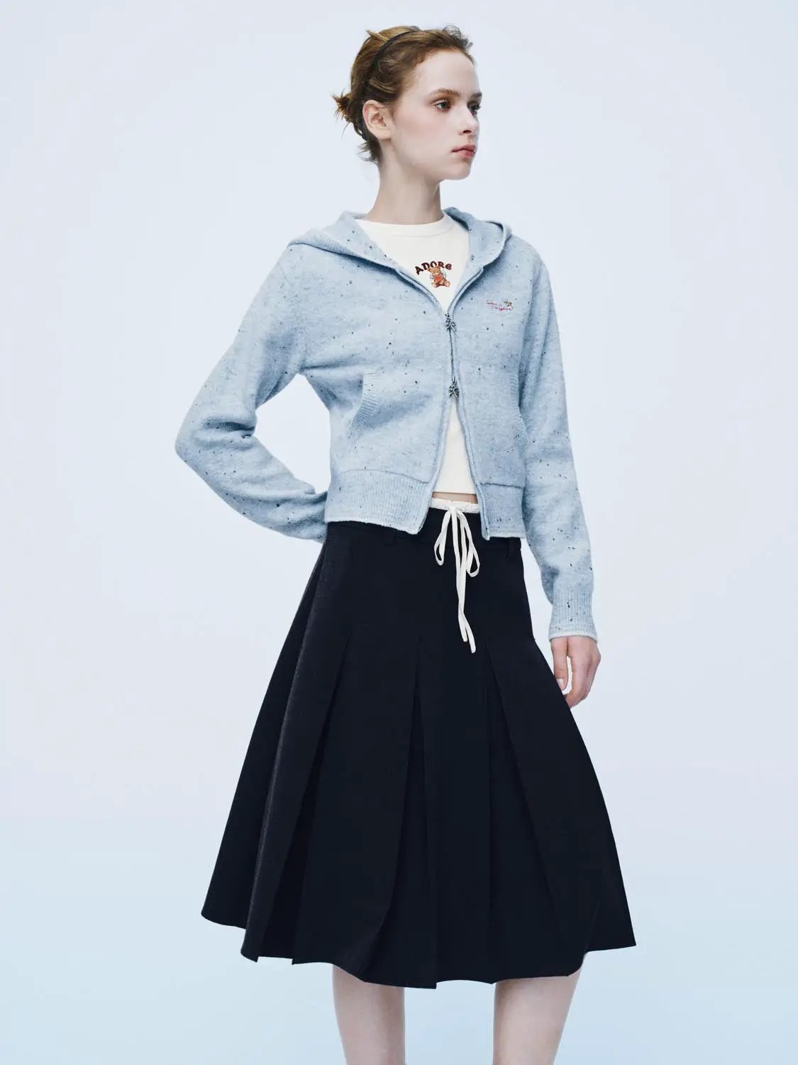 Speckled Long Sleeve Hooded Cropped Embroidered Knit Jacket