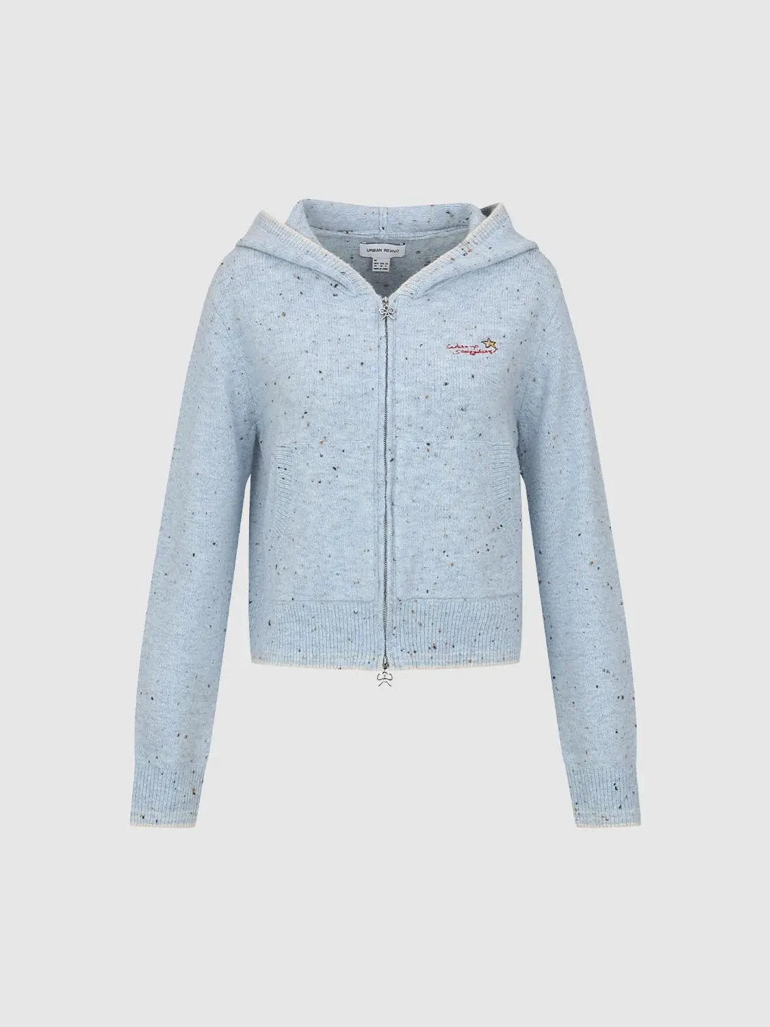 Speckled Long Sleeve Hooded Cropped Embroidered Knit Jacket