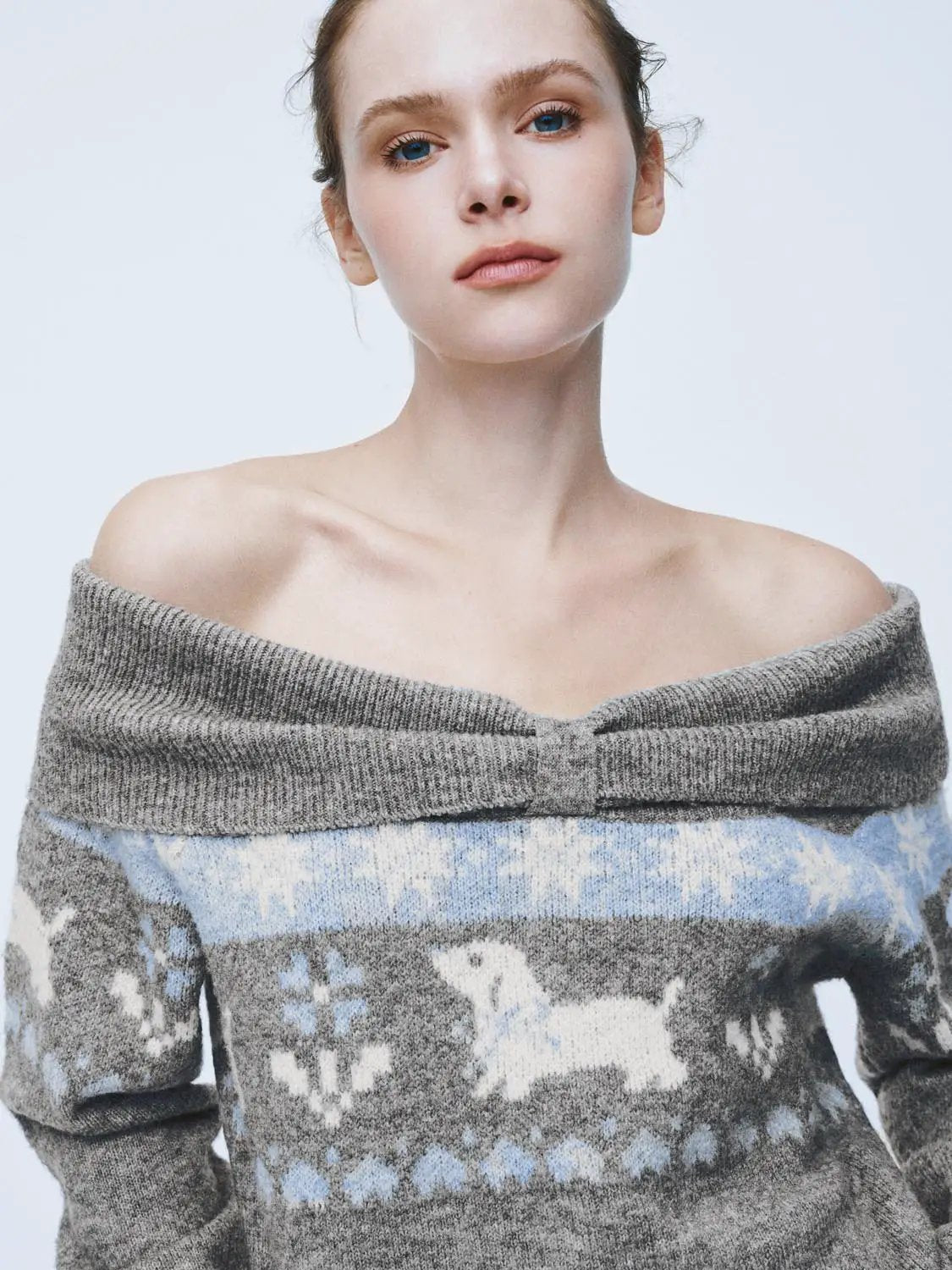 Ribbed Fair Isle Off-Shoulder Long Sleeve Sweater