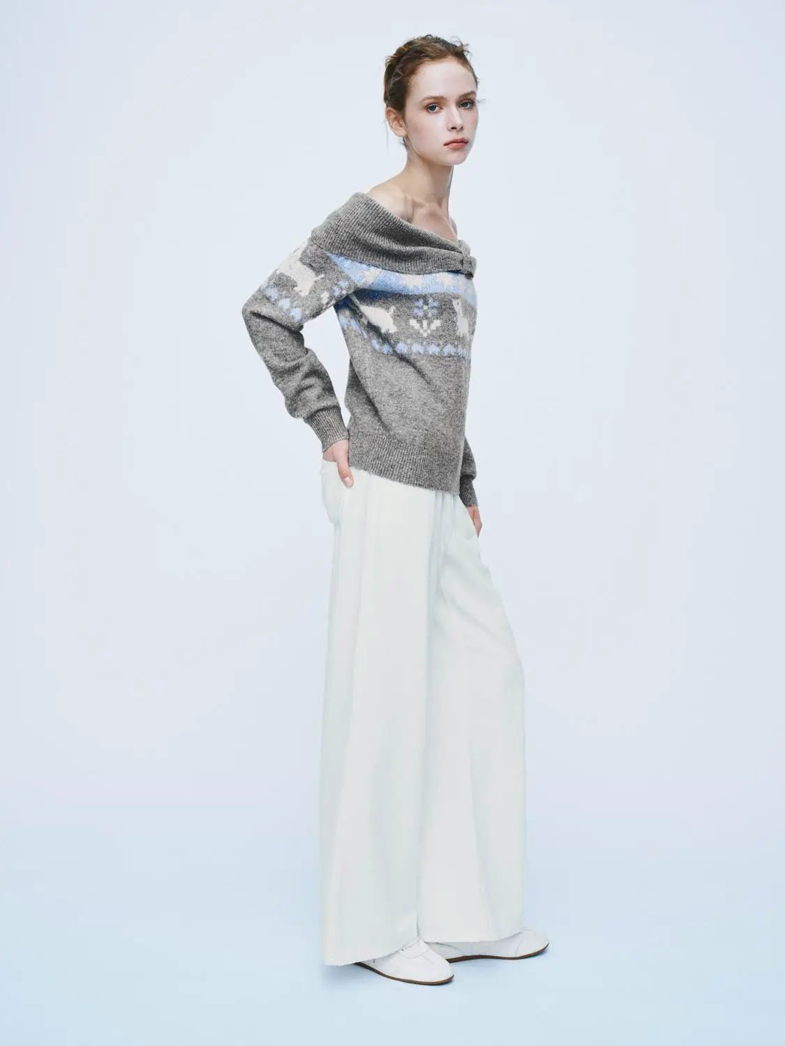 Ribbed Fair Isle Off-Shoulder Long Sleeve Sweater