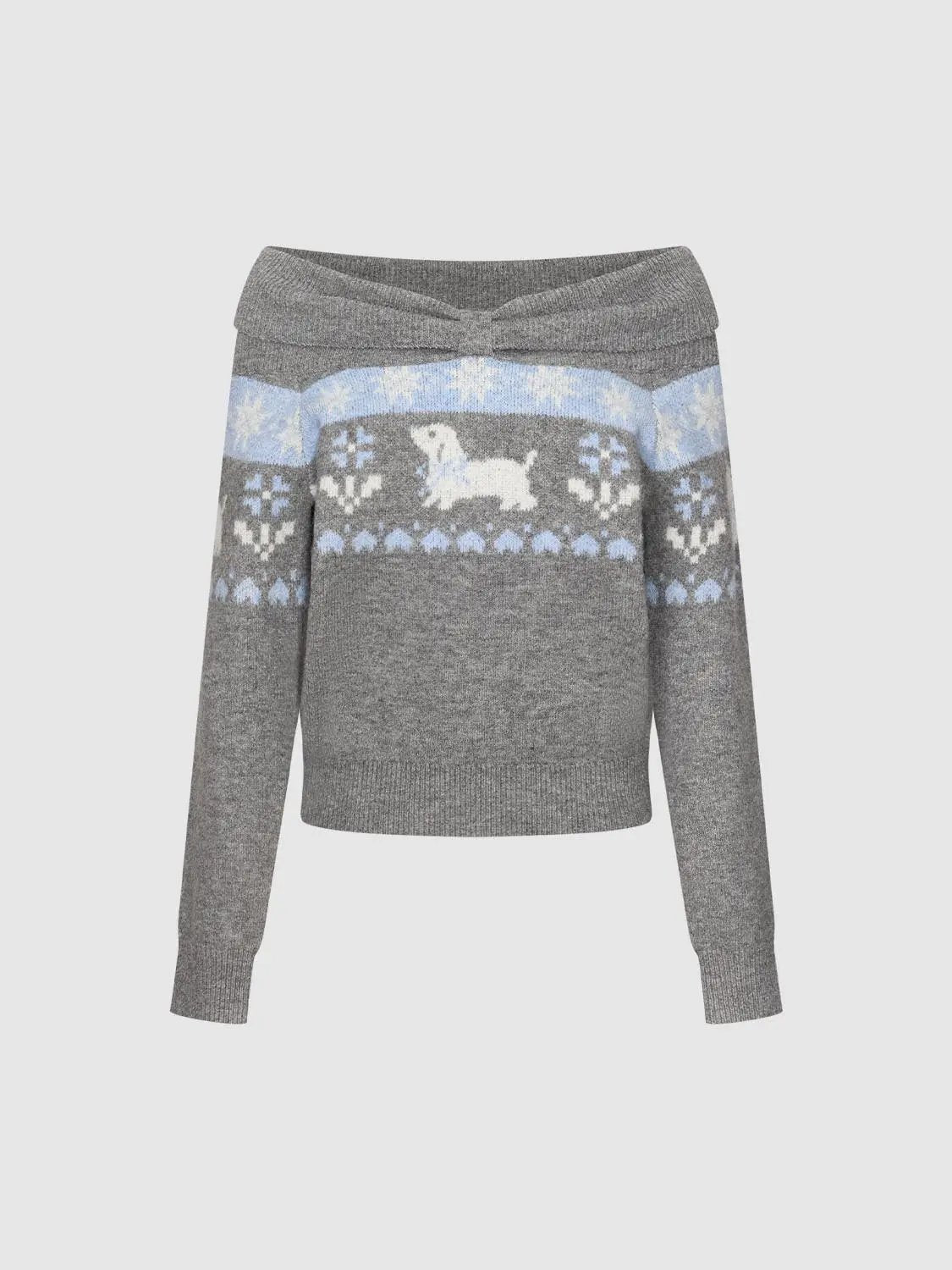 Ribbed Fair Isle Off-Shoulder Long Sleeve Sweater