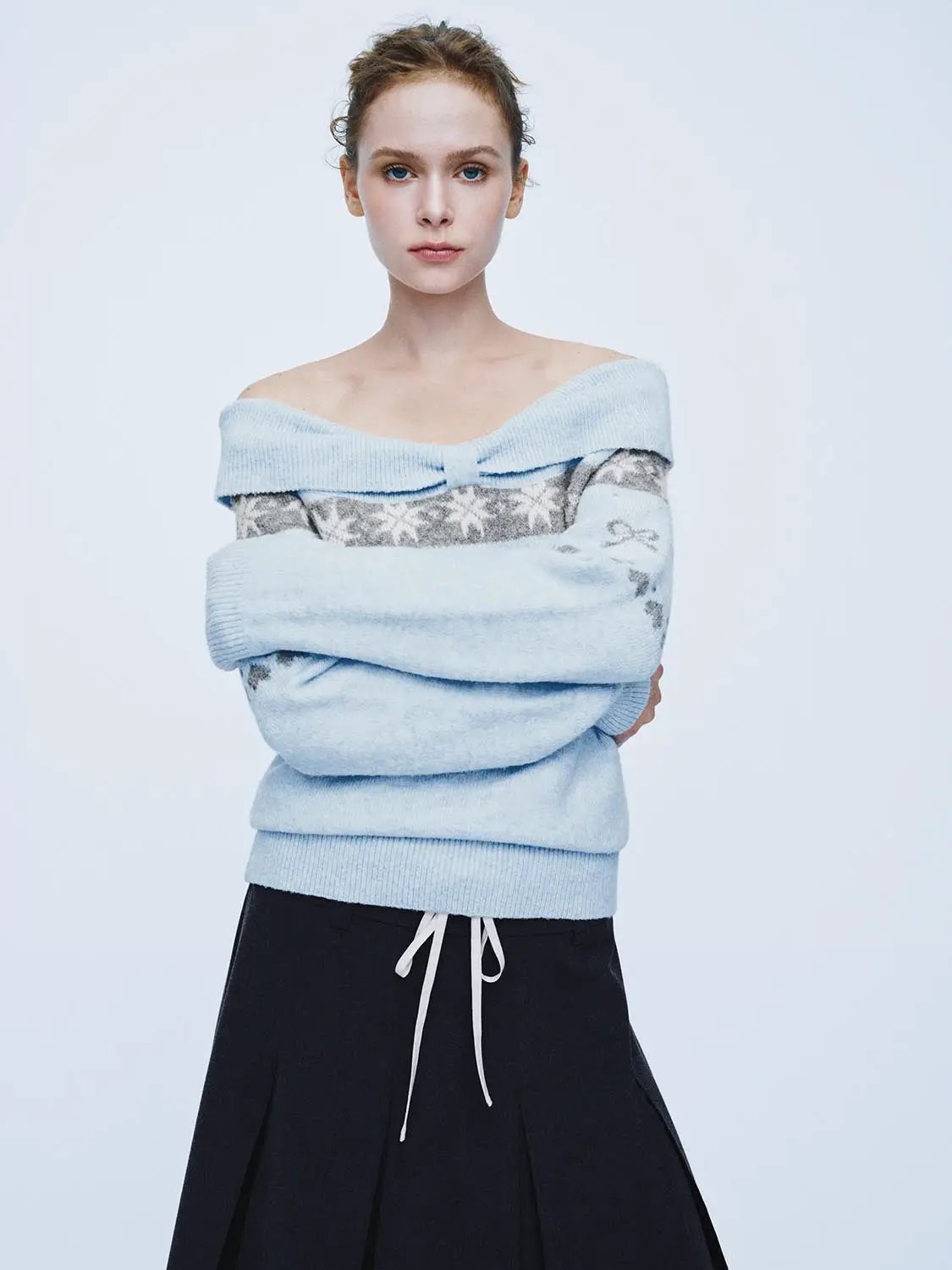 Ribbed Fair Isle Off-Shoulder Long Sleeve Sweater