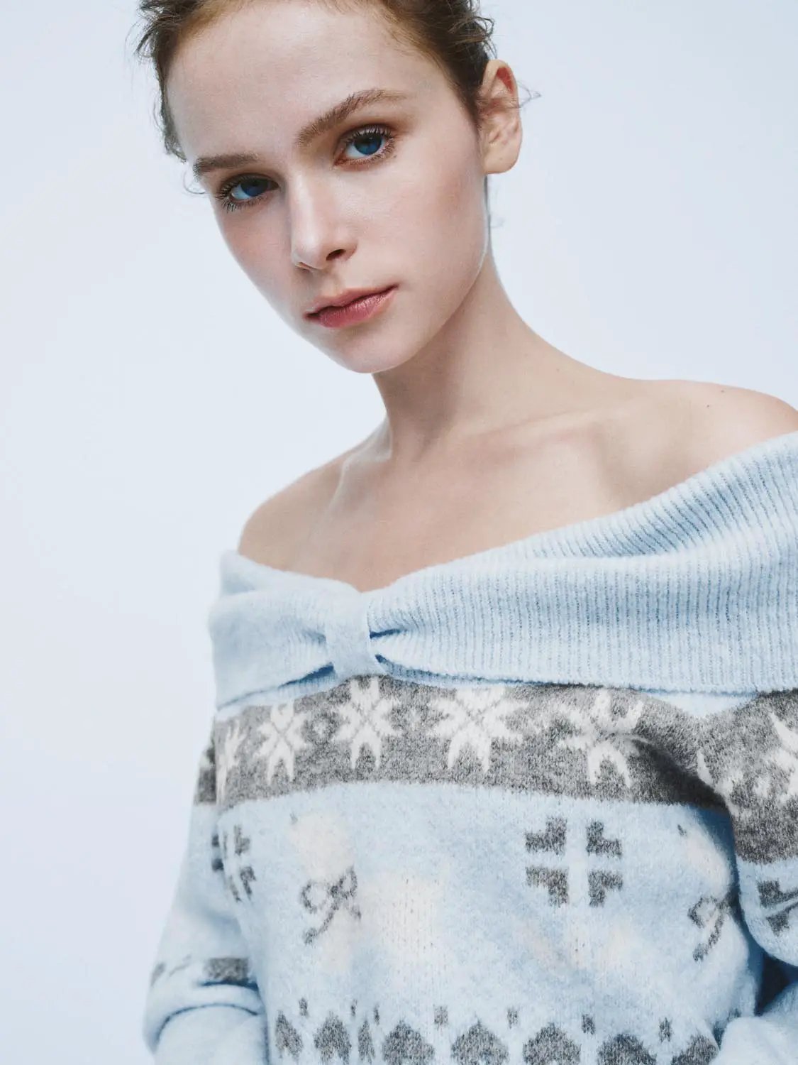 Ribbed Fair Isle Off-Shoulder Long Sleeve Sweater